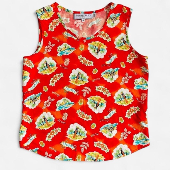 Howard Wolf Tops - Vintage Howard Wolf Rayon Tropical Red Aloha Hawaiian Hula Dancer Tank Top